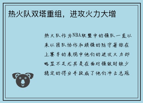 热火队双塔重组，进攻火力大增