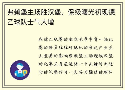 弗赖堡主场胜汉堡，保级曙光初现德乙球队士气大增