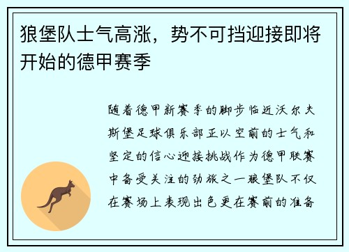 狼堡队士气高涨，势不可挡迎接即将开始的德甲赛季